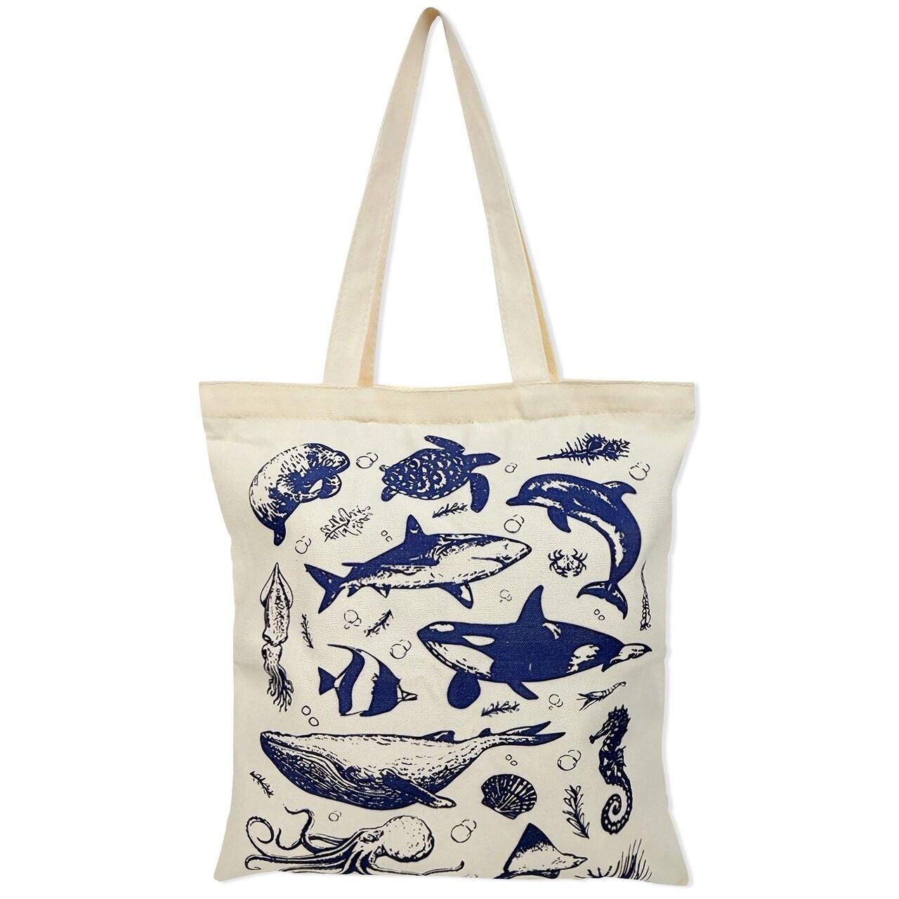 Wrapables Zippered Canvas Tote Bag, Reusable Grocery Shopping Bag, Marine Animals